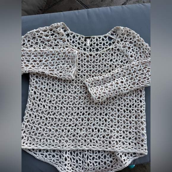 Free People Boho Crochet Knit Top XS Linen Cotton Open Weave Long Sleeve - Picture 7 of 10